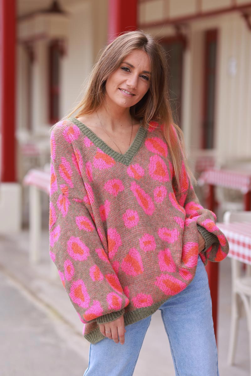 Khaki Knit Pink Leopard Print V-Neck Sweater