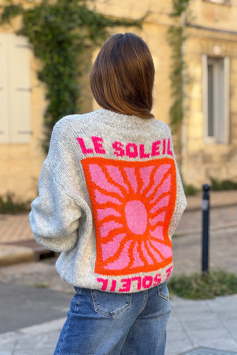 Heather Gray Chunky Knit Sweater with Vibrant Sun Embroidery