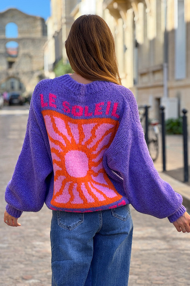 Purple Chunky Knit Jumper with Vibrant Sun Embroidery
