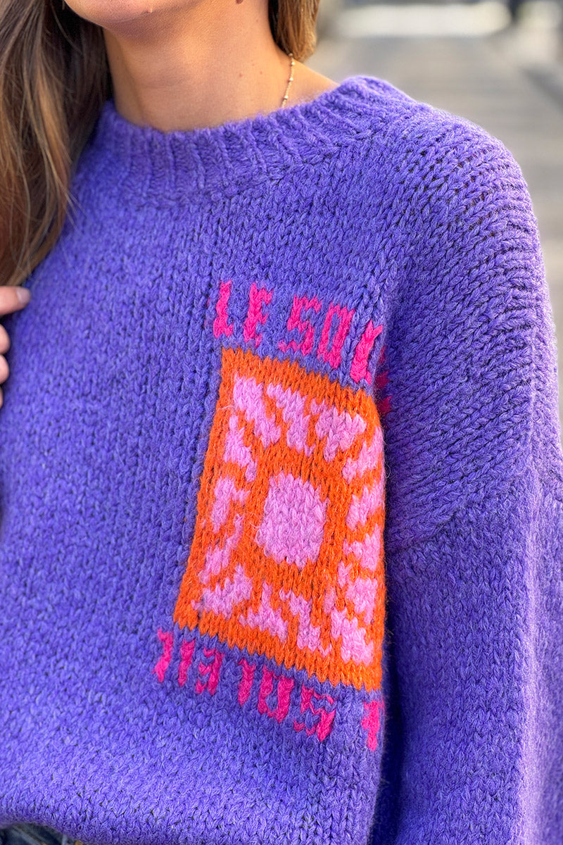 Purple Chunky Knit Jumper with Vibrant Sun Embroidery