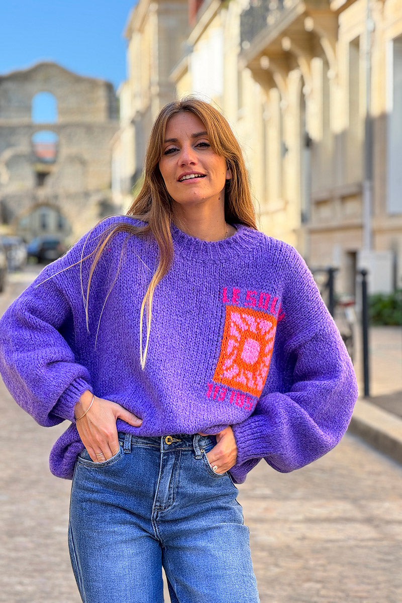 Purple Chunky Knit Jumper with Vibrant Sun Embroidery