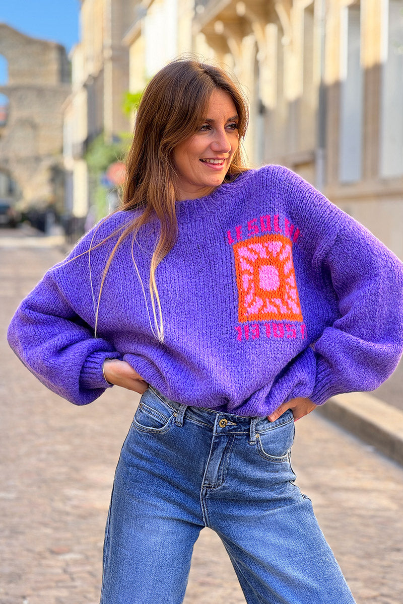 Purple Chunky Knit Jumper with Vibrant Sun Embroidery