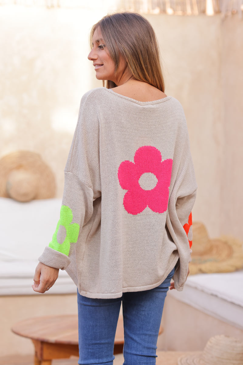 Pull maille beige coton col bateau fleurs colorées