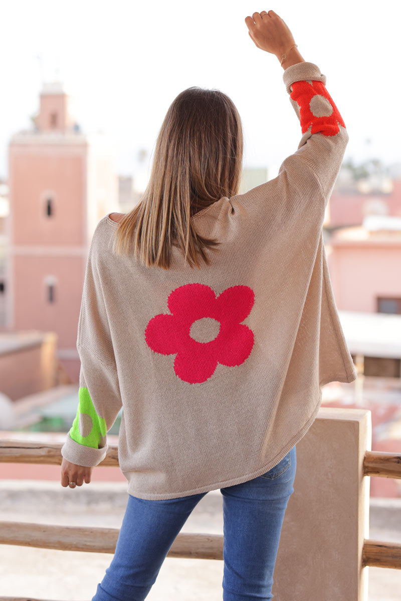 Pull maille beige coton col bateau fleurs colorées