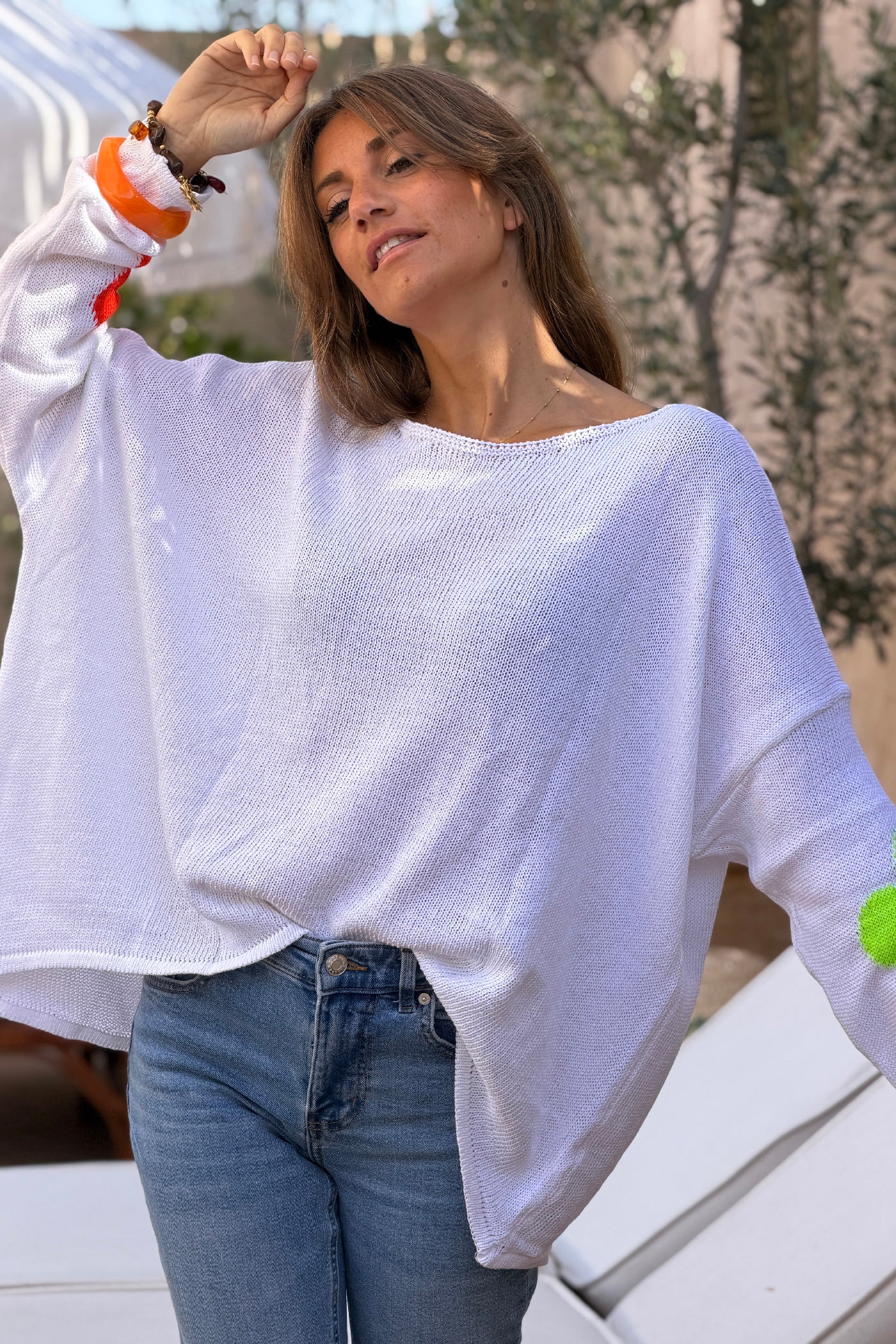 Pull maille blanc coton col bateau fleurs colorées