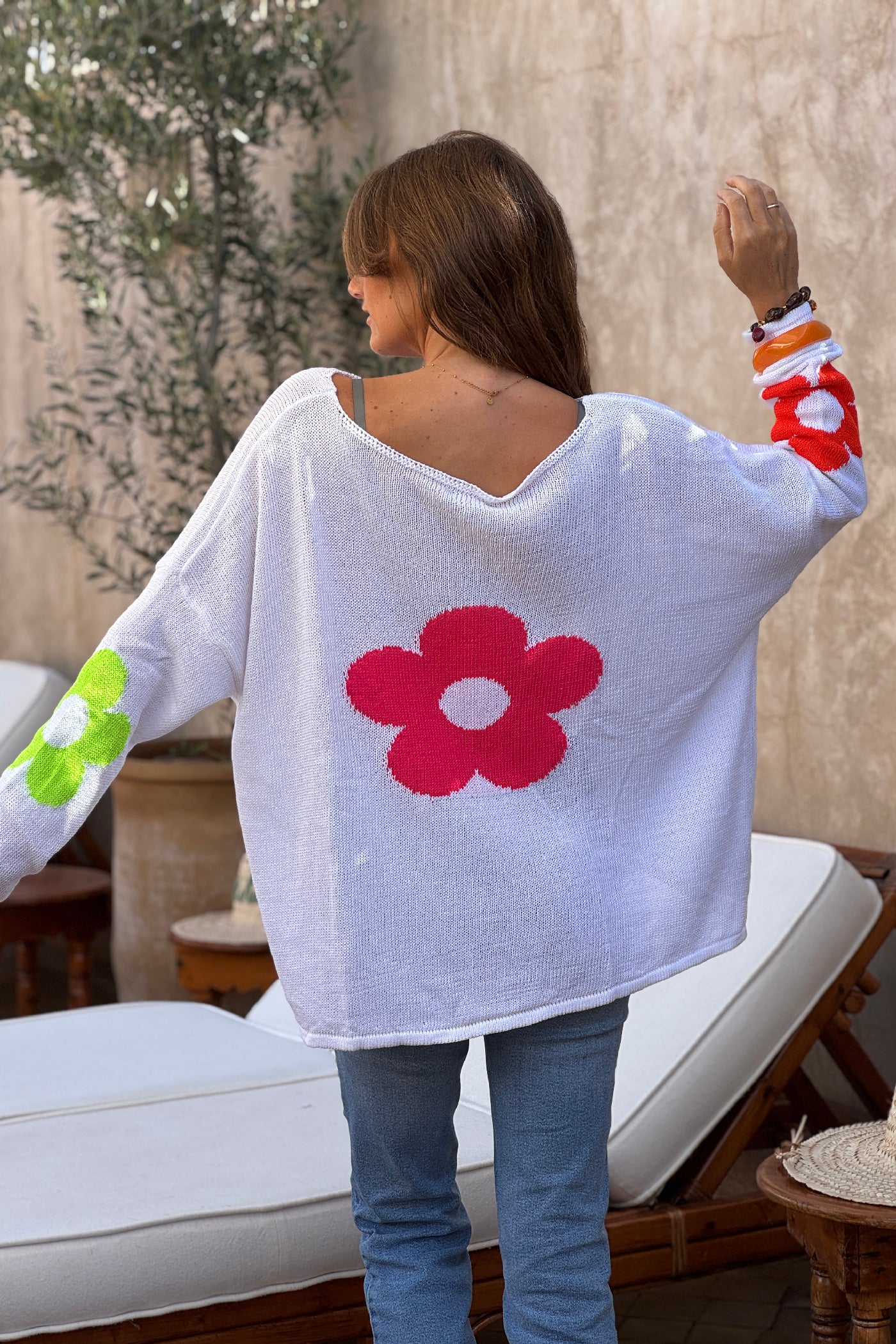 White Cotton Knit Sweater with Colourful Flowers and Boat Neck