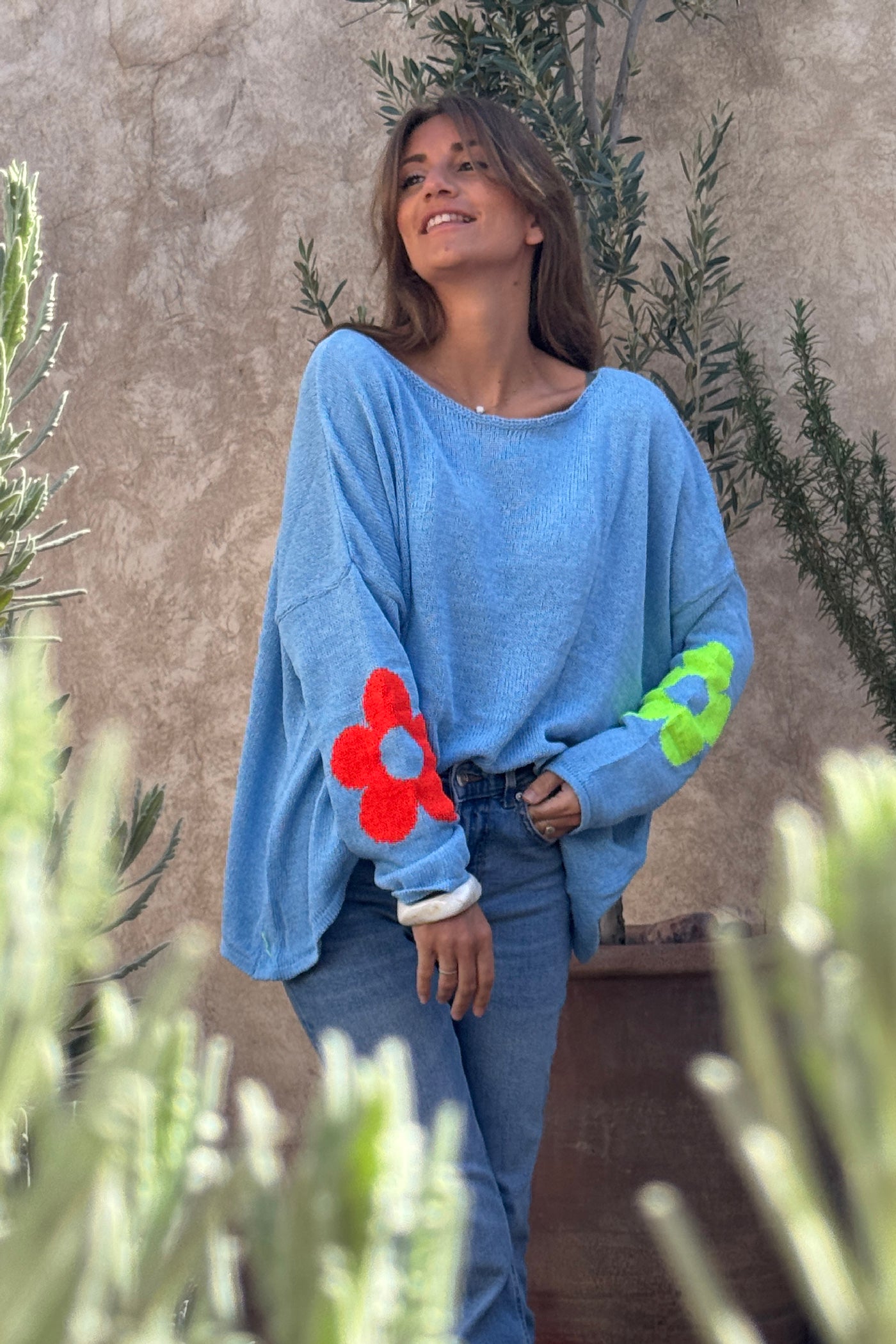 Blue Cotton Knit Sweater with Colourful Flowers and Boat Neck