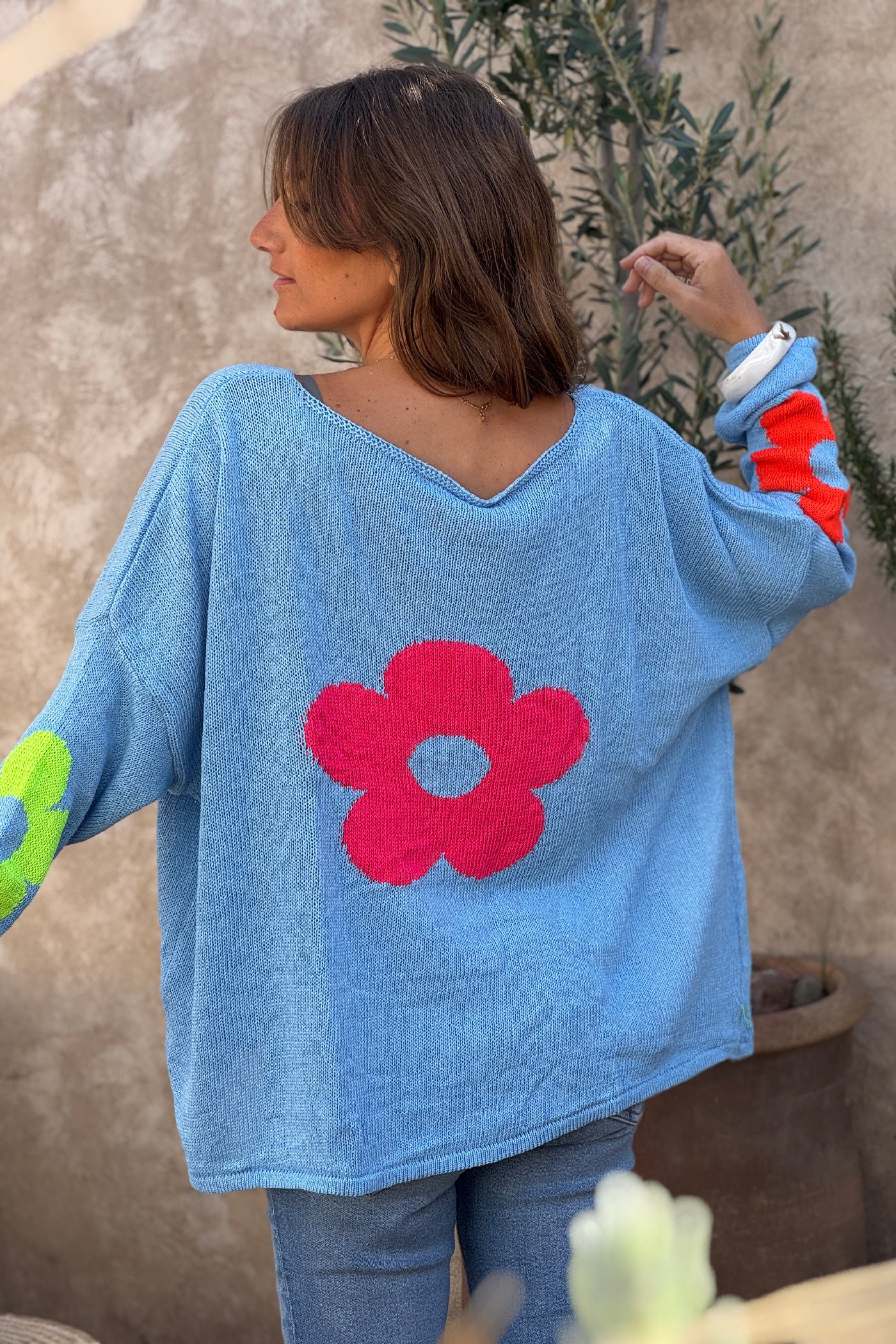 Blue Cotton Knit Sweater with Colourful Flowers and Boat Neck