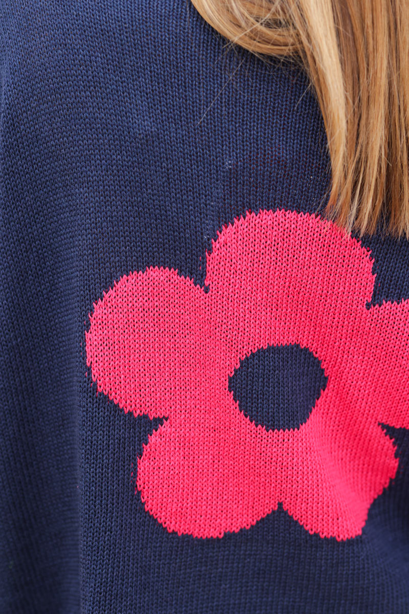 Pull maille bleu marine coton col bateau fleurs colorées