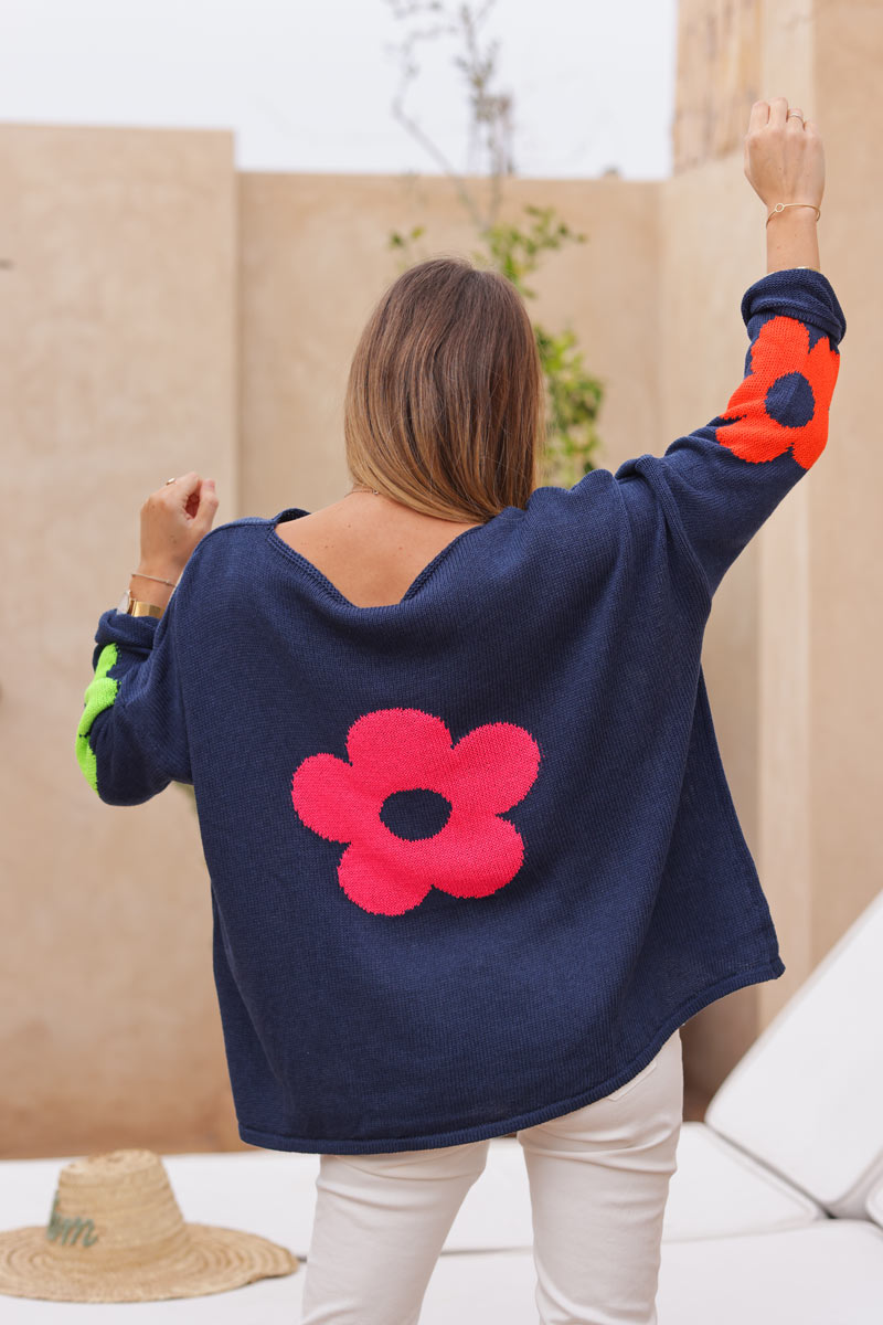 Pull maille bleu marine coton col bateau fleurs colorées