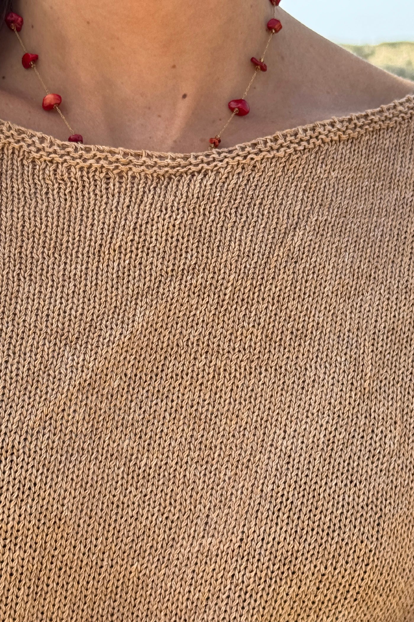 Camel Cotton Knit Sweater with Colourful Flowers and Boat Neck