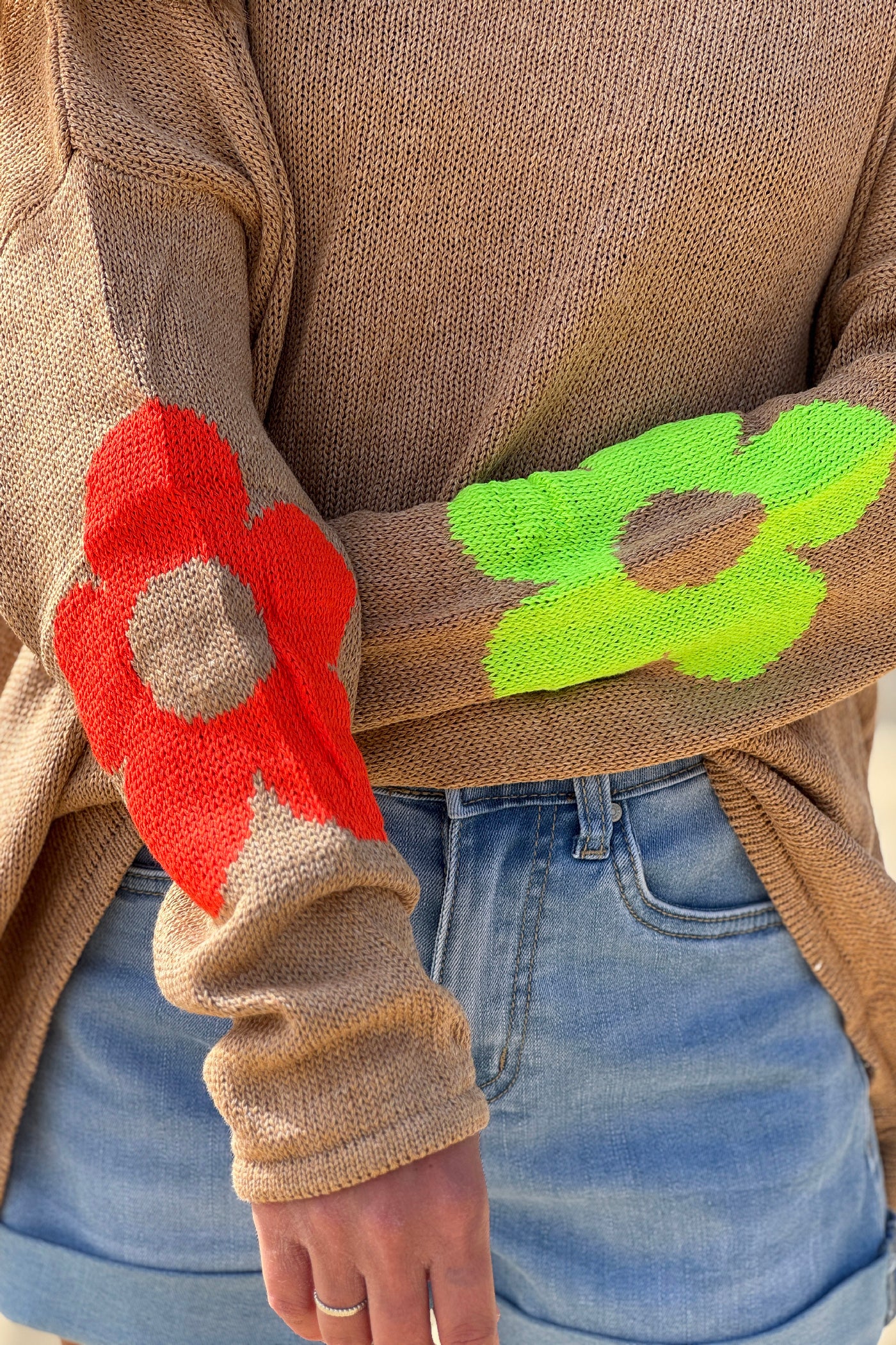 Camel Cotton Knit Sweater with Colourful Flowers and Boat Neck
