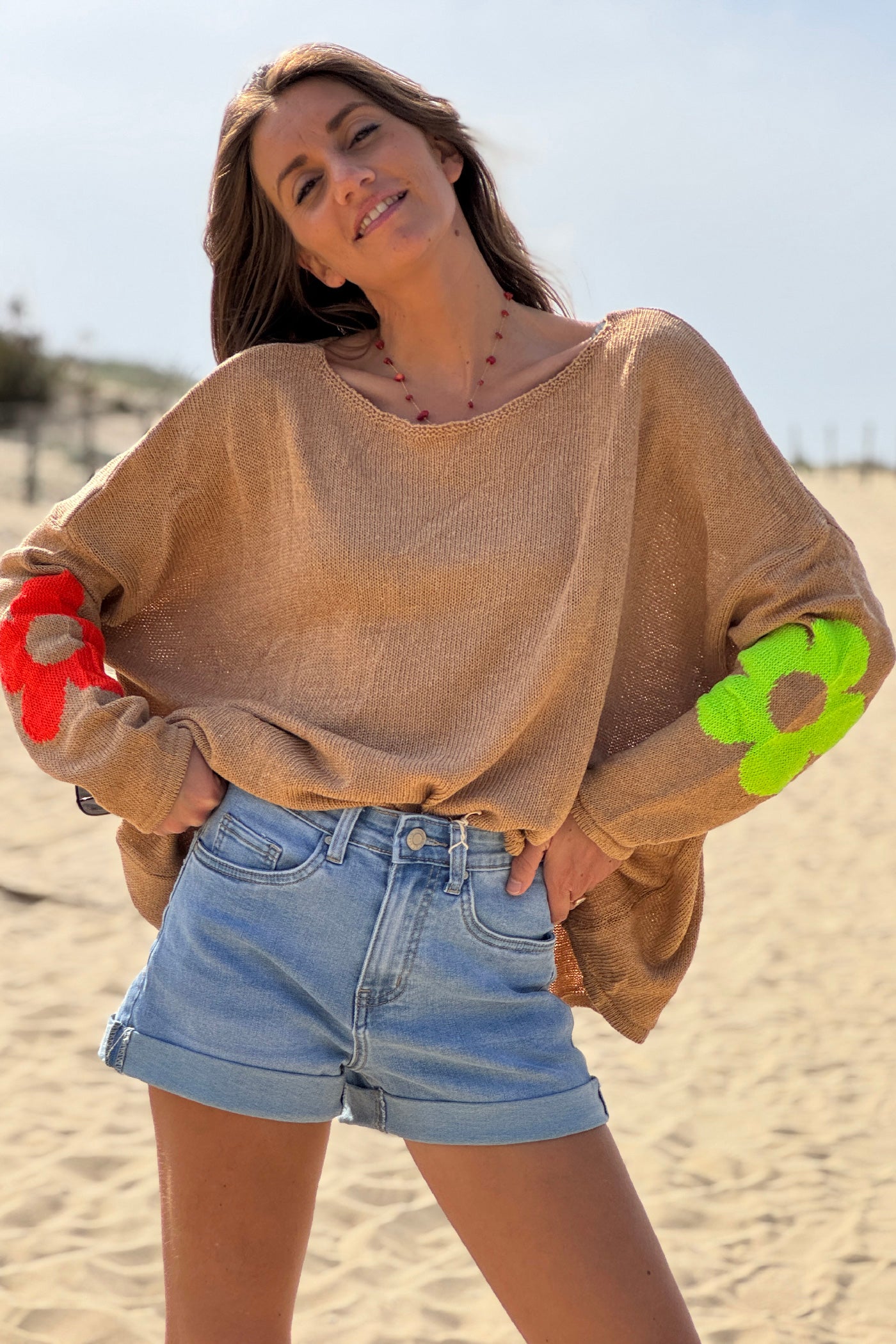 Camel Cotton Knit Sweater with Colourful Flowers and Boat Neck