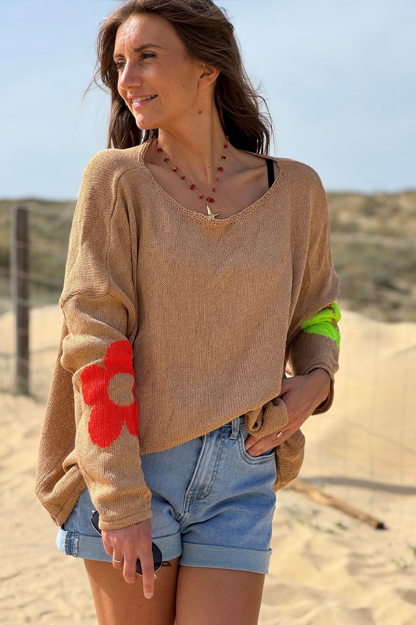 Camel Cotton Knit Sweater with Colourful Flowers and Boat Neck