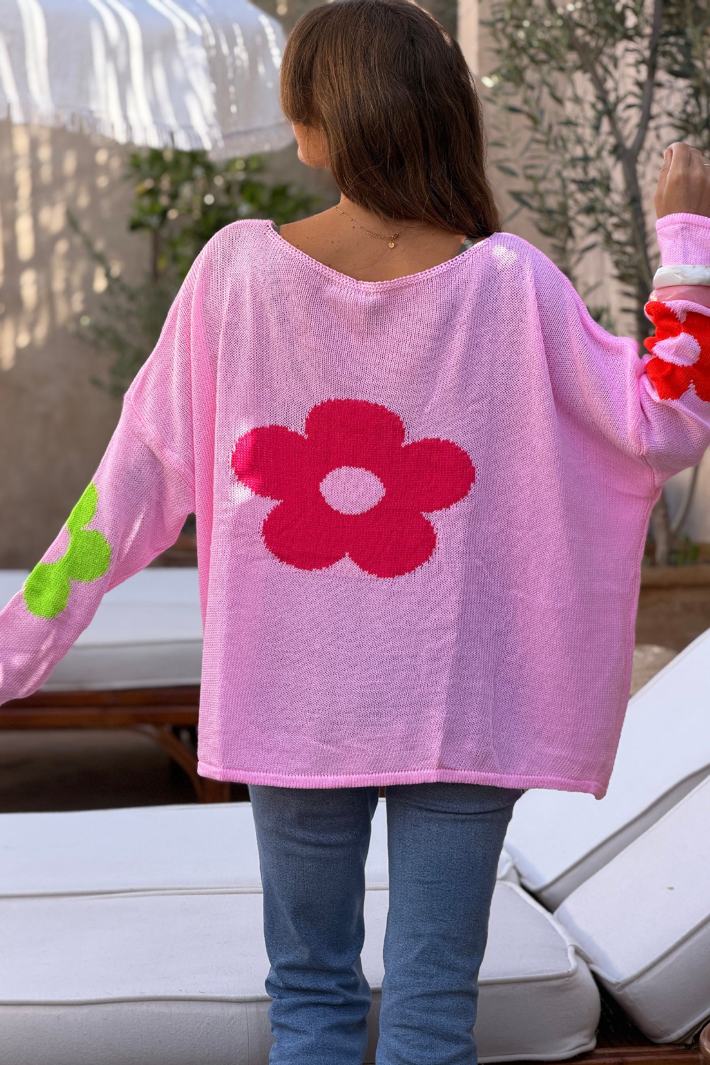 Pull maille rose coton col bateau fleurs colorées