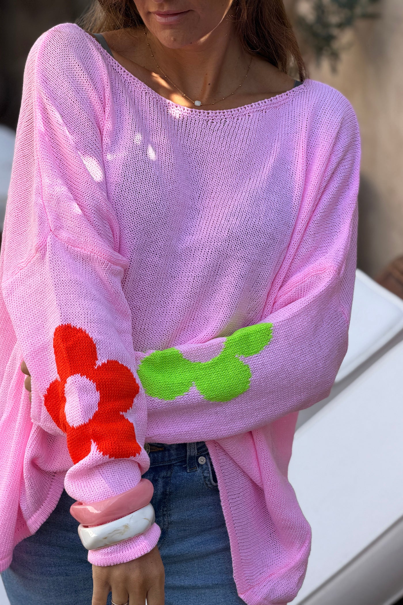 Pull maille rose coton col bateau fleurs colorées