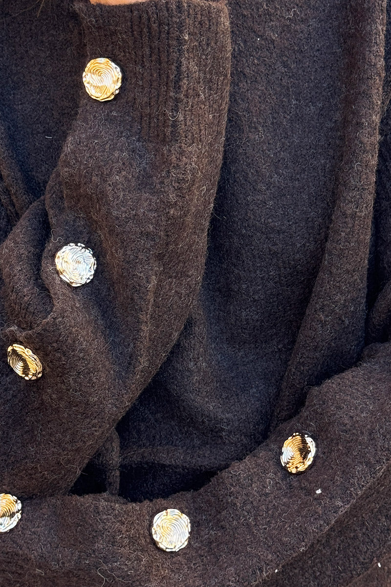 Chocolate Brown Wool Blend Button-Sleeve Sweater