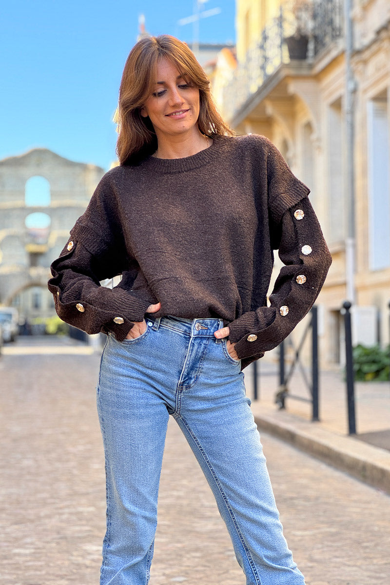 Chocolate Brown Wool Blend Button-Sleeve Sweater