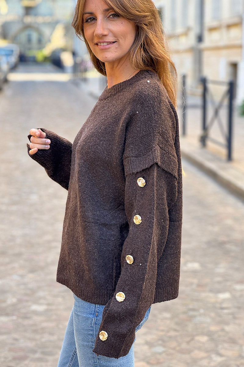 Chocolate Brown Wool Blend Button-Sleeve Sweater