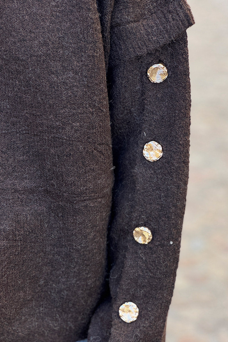 Chocolate Brown Wool Blend Button-Sleeve Sweater