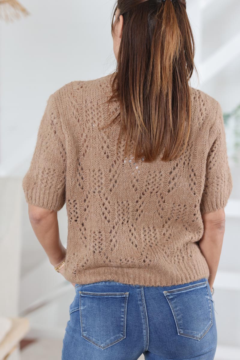 Pull marron glace en maille ajouree manches courtes G462 (1)