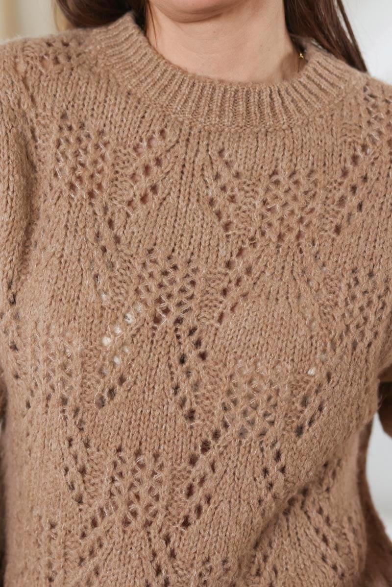 Pull marron glace en maille ajouree manches courtes G462 (1)