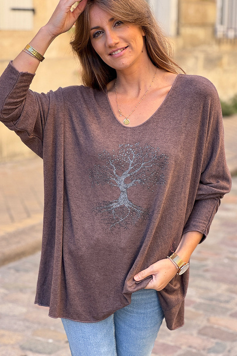 Chocolate Brown Light Weight Sweater with Tree of Life Print