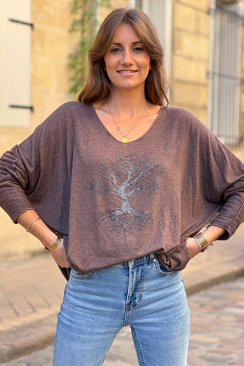 Chocolate Brown Light Weight Sweater with Tree of Life Print