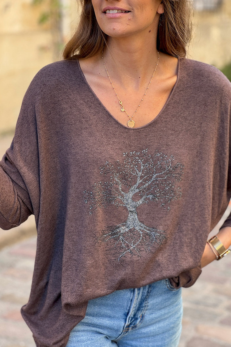Chocolate Brown Light Weight Sweater with Tree of Life Print