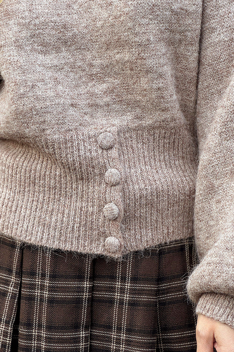 Heather Taupe Wool Blend Blouson Button Sweater