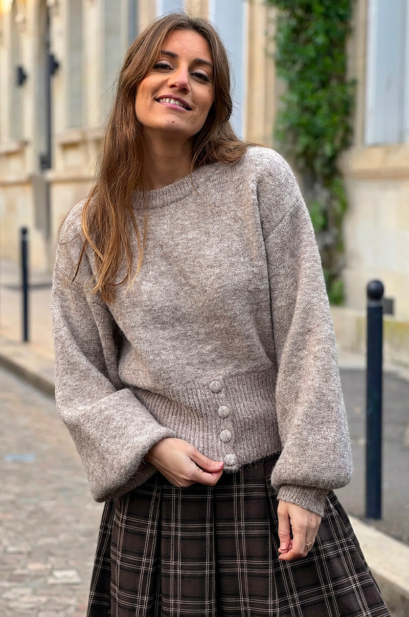 Heather Taupe Wool Blend Blouson Button Sweater