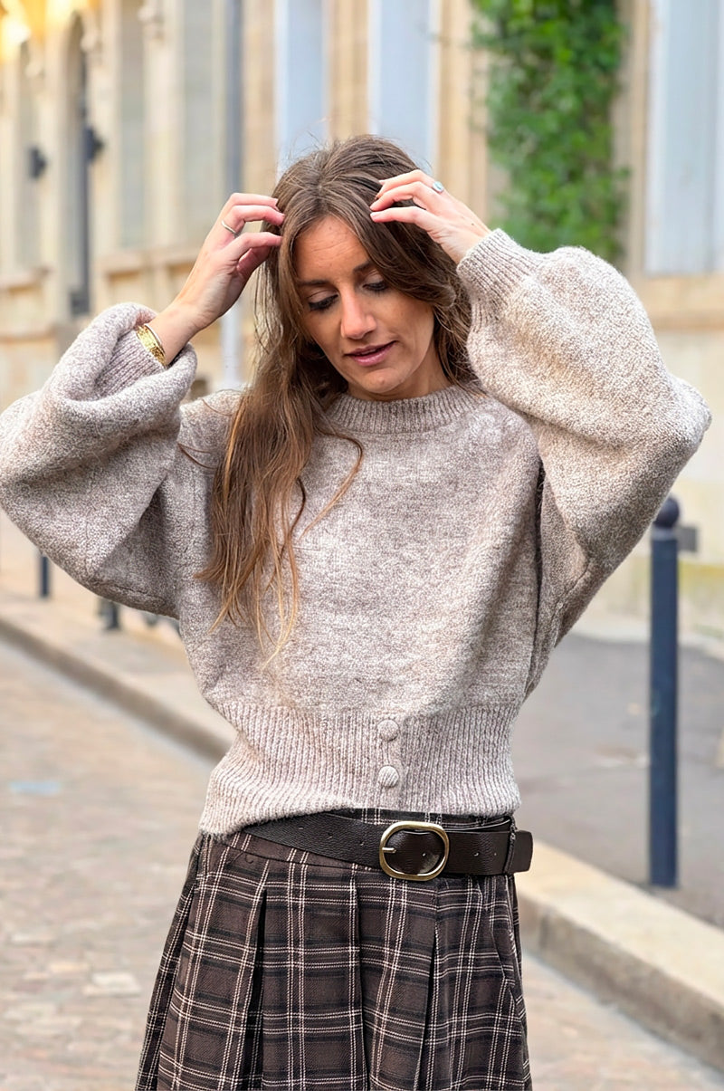 Heather Taupe Wool Blend Blouson Button Sweater