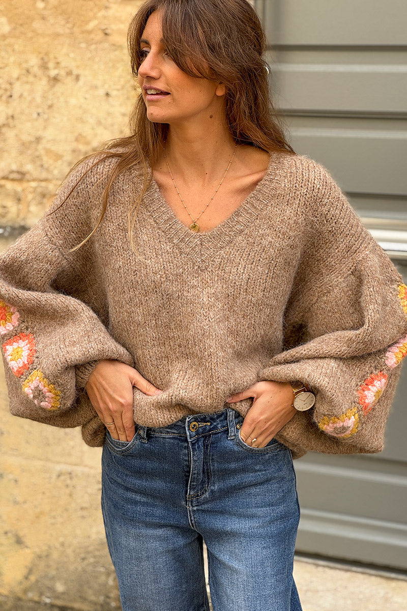 Taupe Wool Blend Sweater with Crochet Square Sleeves
