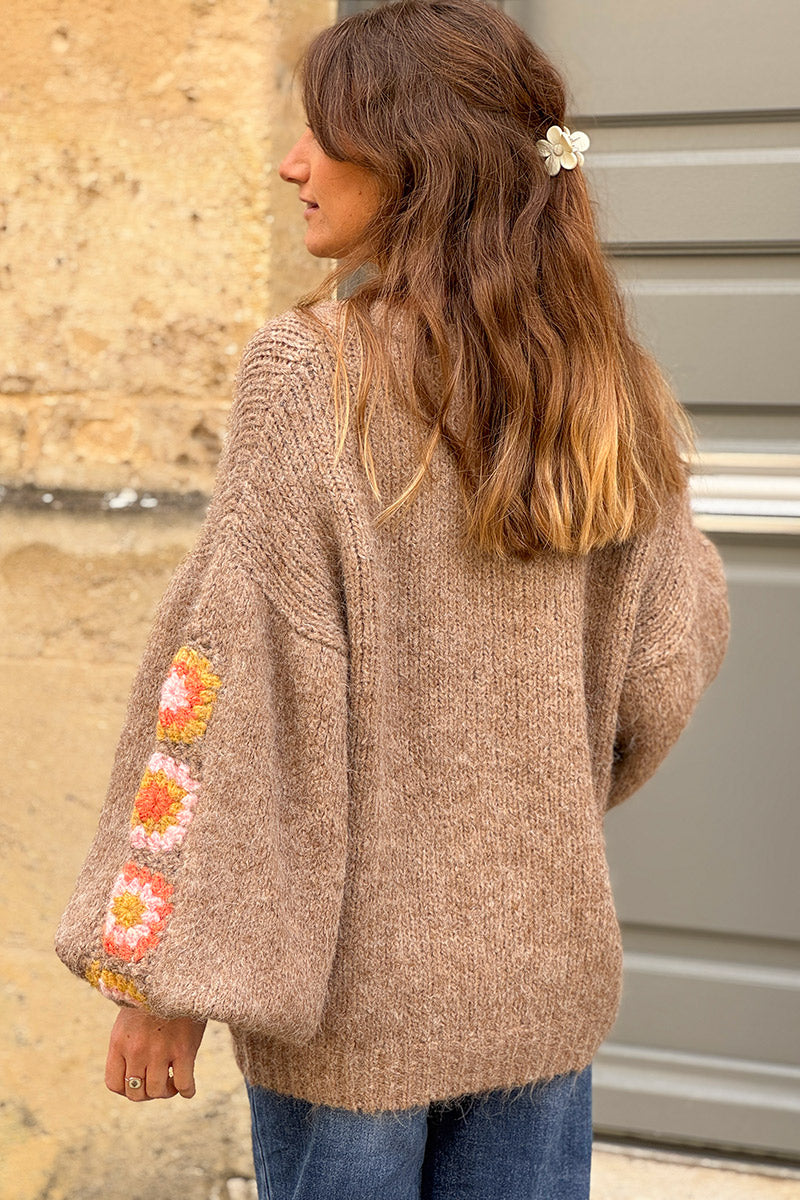 Taupe Wool Blend Sweater with Crochet Square Sleeves