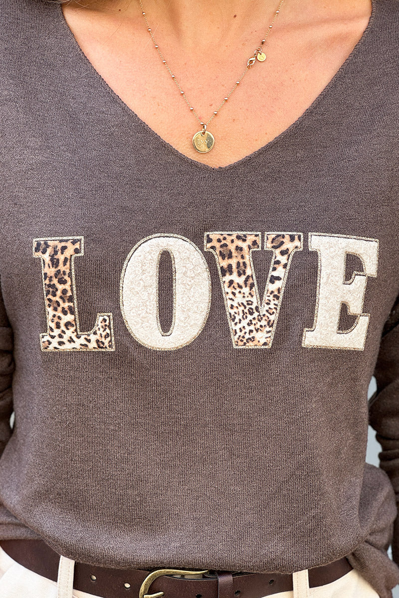 Taupe LOVE Leopard Applique V-Neck Long-Sleeve Tshirt