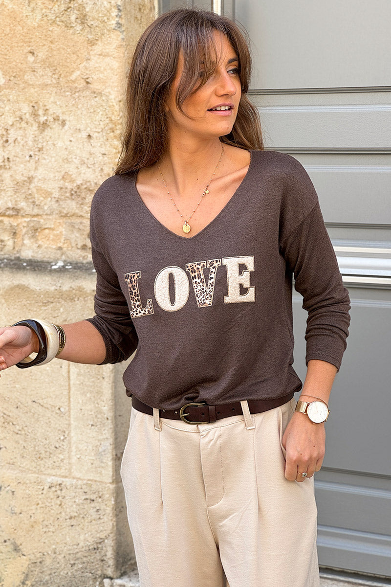 Taupe LOVE Leopard Applique V-Neck Long-Sleeve Tshirt