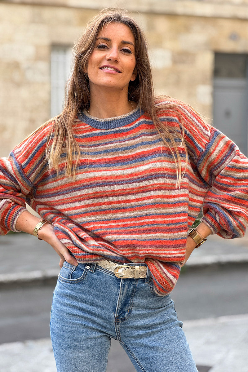Pull moelleux à rayures beige et terracotta col rond