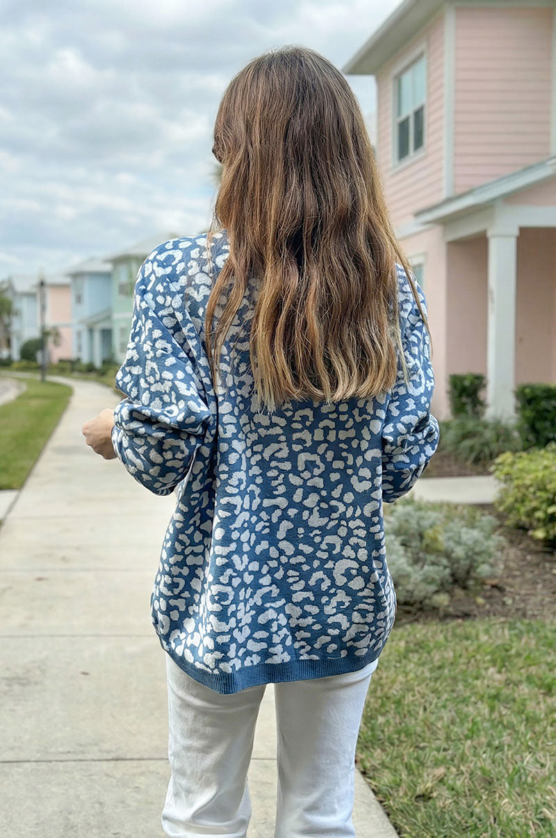 Pull moelleux bleu jean petite maille motifs léopard col v