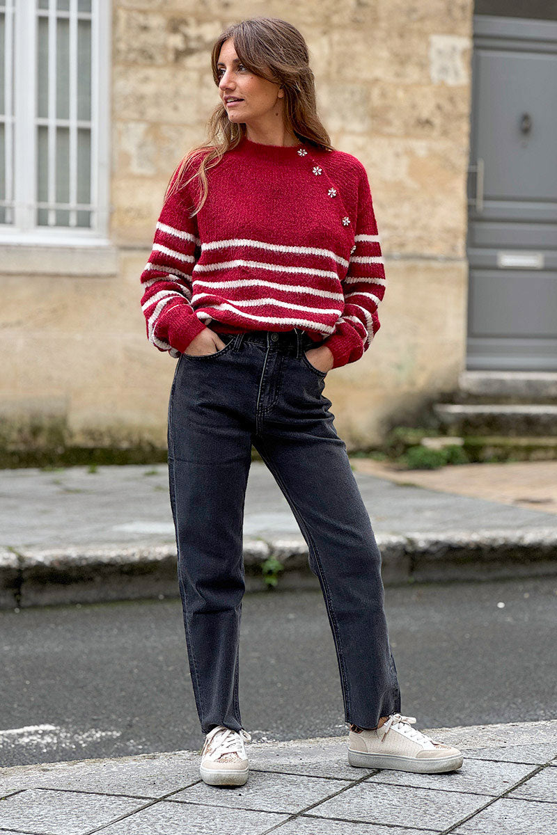 Burgundy/Cream Stripe Wool Blend Sweater with Button Detail