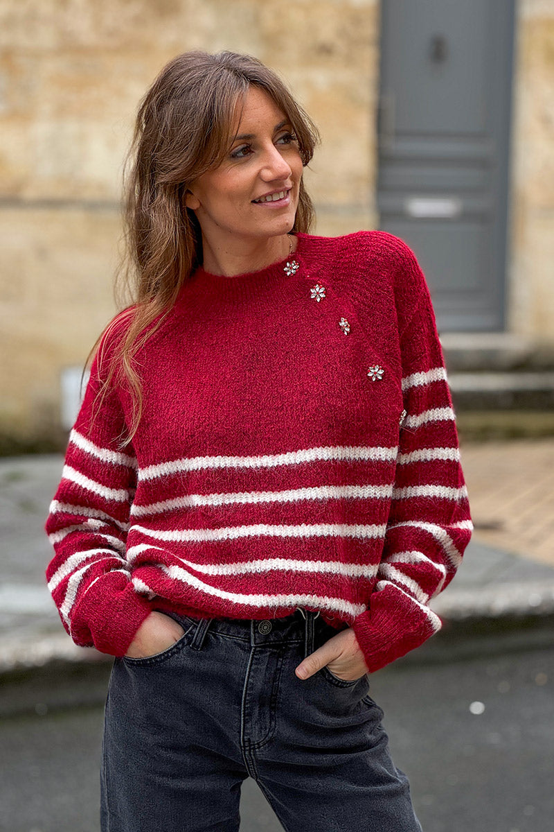Burgundy/Cream Stripe Wool Blend Sweater with Button Detail
