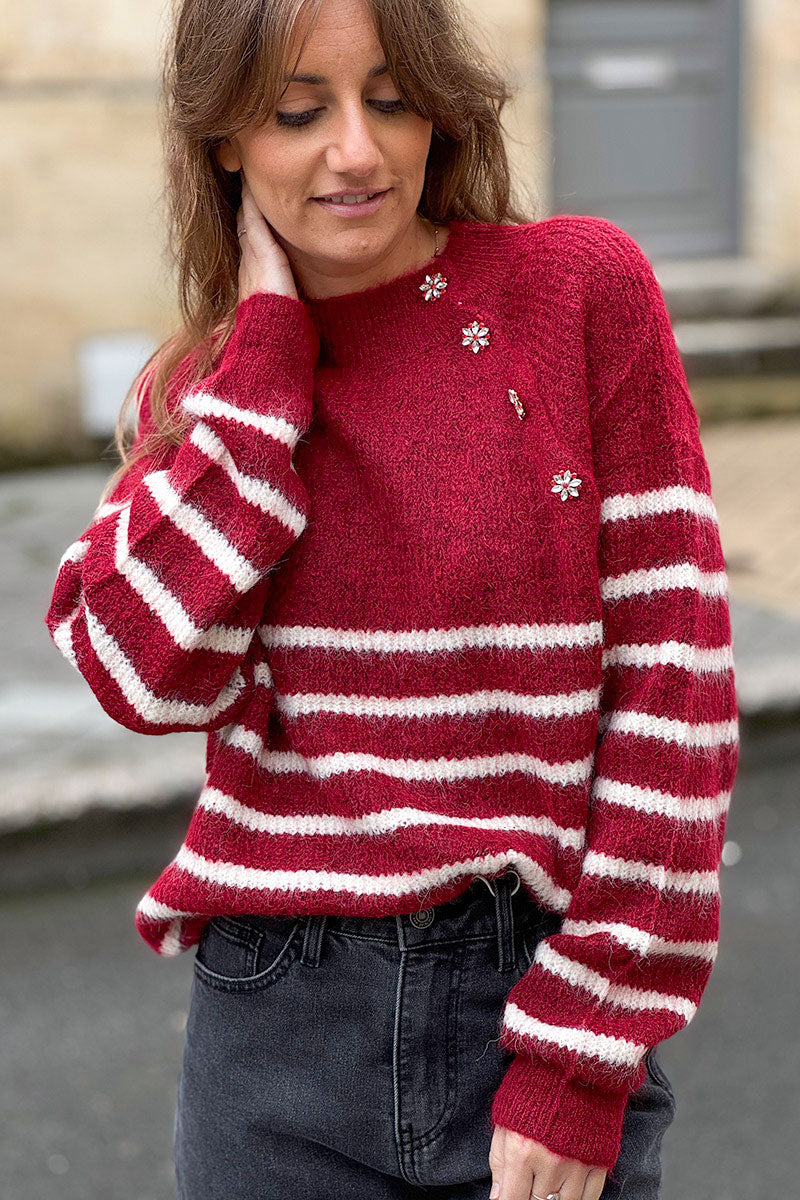 Burgundy/Cream Stripe Wool Blend Sweater with Button Detail