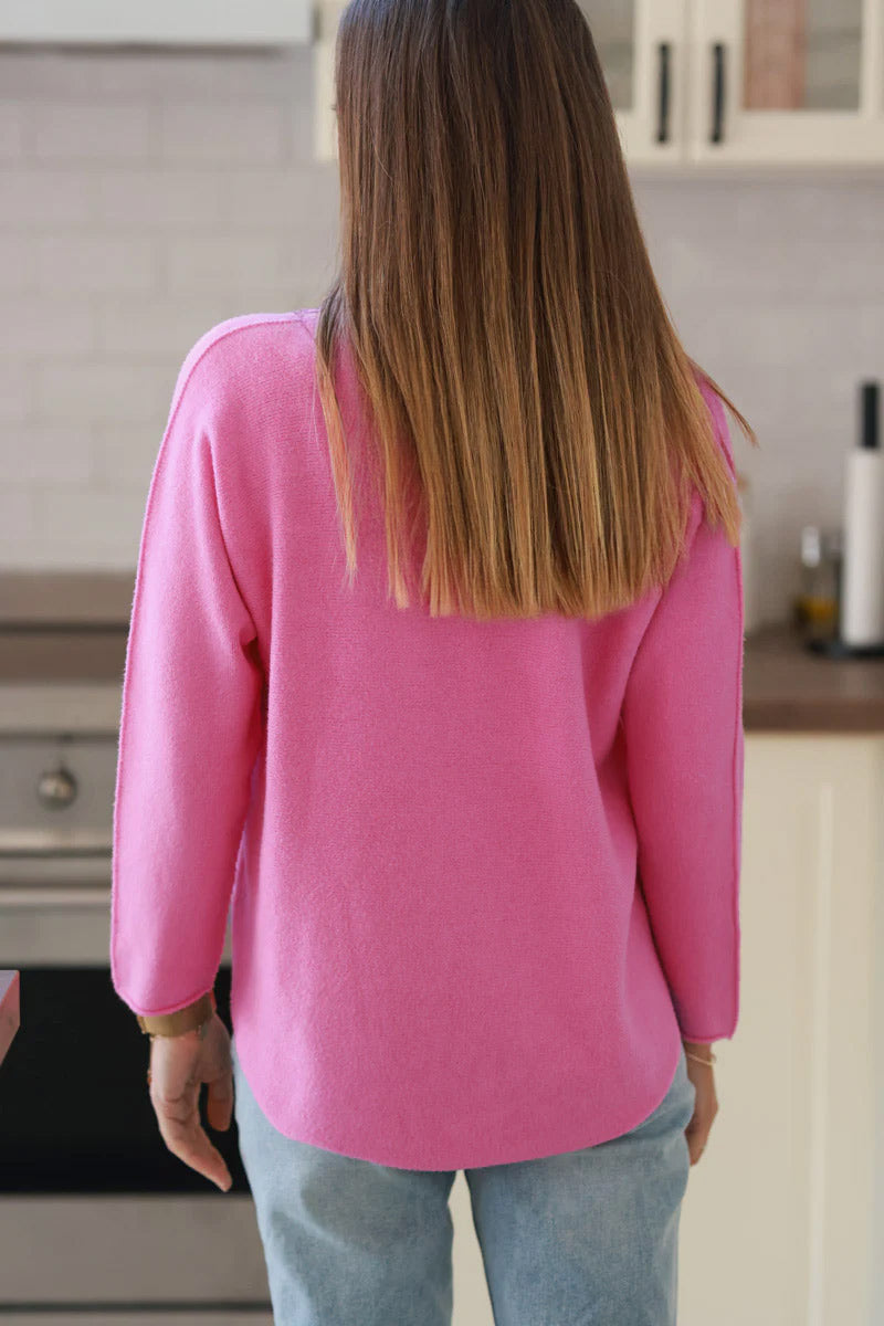 Pull moelleux tout doux rose col v