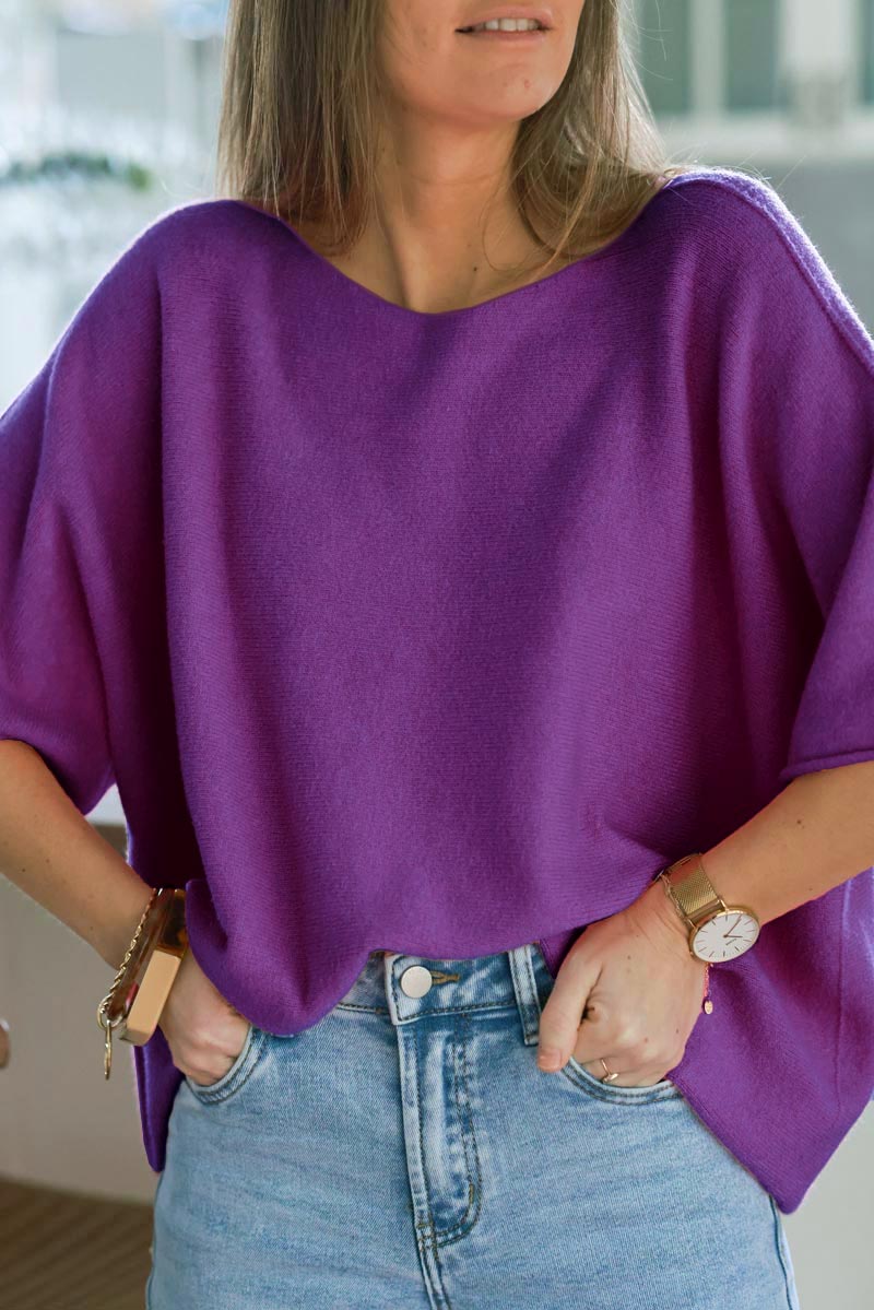 Pull moelleux et doux violet à manches chauve-souris et col rond