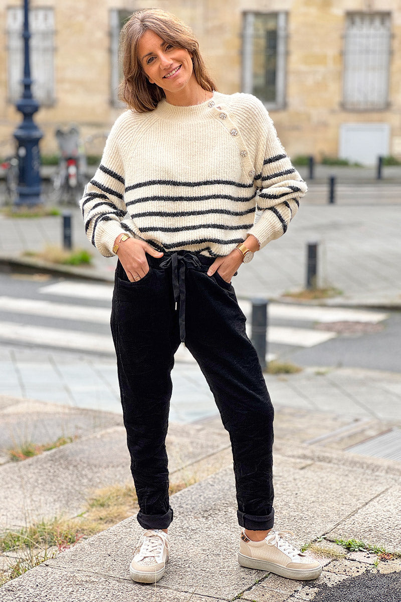 Cream/Black Stripe Wool Blend Sweater with Button Detail