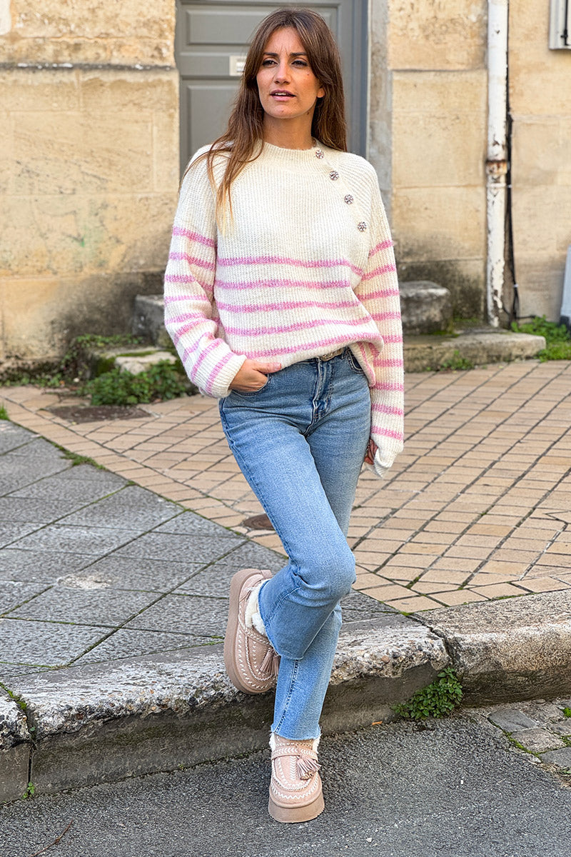Cream/Pink Stripe Wool Blend Sweater with Button Detail