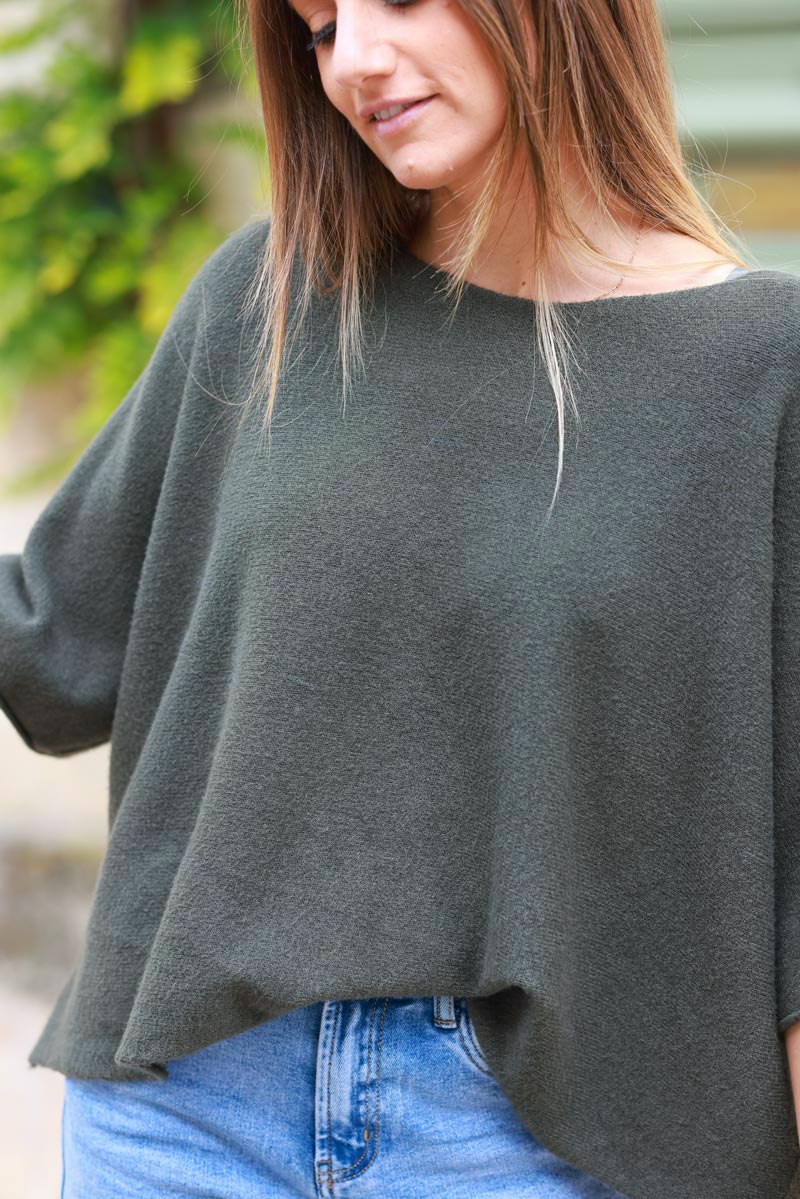 Pull moelleux et doux kaki manches chauve souris col rond