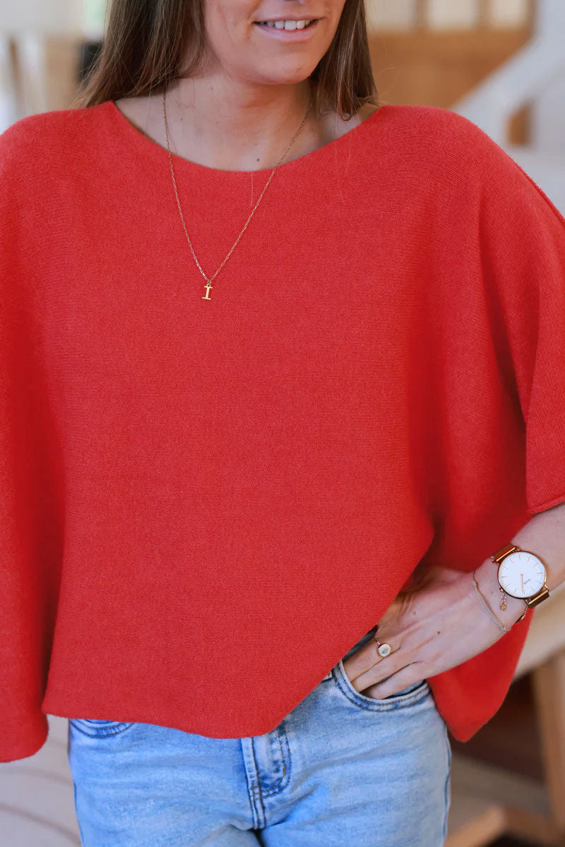 Red Knit Batwing Blouse