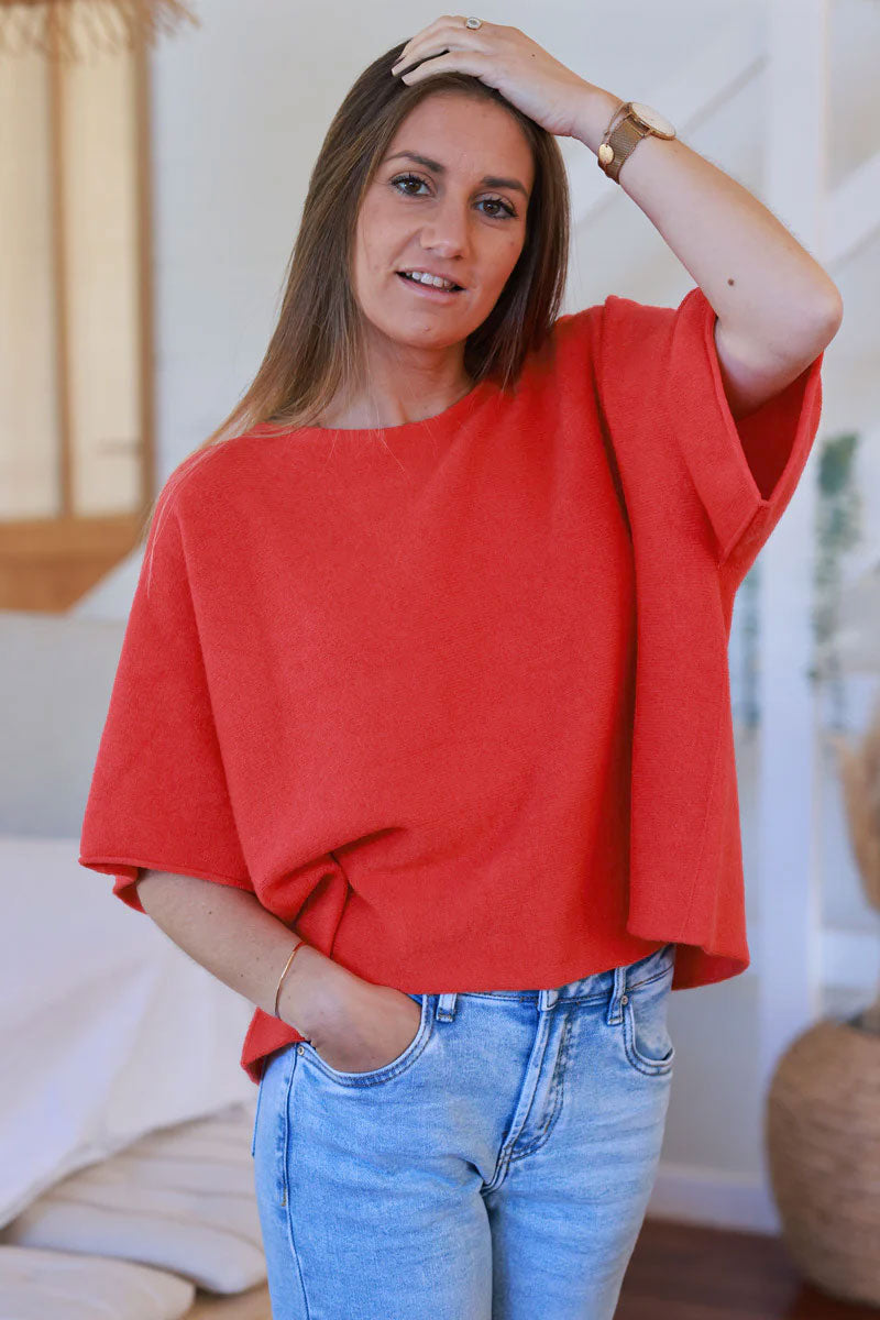 Red Knit Batwing Blouse