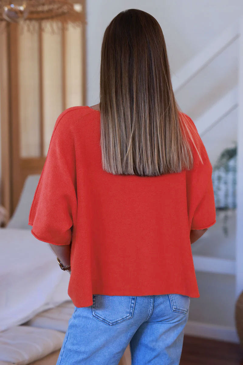 Red Knit Batwing Blouse