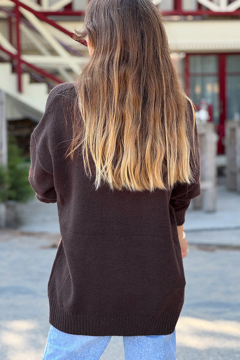 Pull moelleux et large marron en petite maille broderie LOVE et fleurs camel
